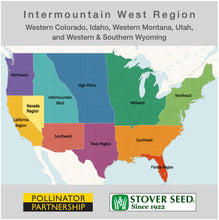 Load image into Gallery viewer, USA map showing the states where the Intermountain West Native Pollinator Wildflower Mixture will grow: Western Colorado, Idaho, Western Montana, Utah, and Western & Southern Wyoming.