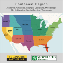 Load image into Gallery viewer, USA map showing the states where the Southeast Native Pollinator Wildflower Mixture will grow: Alabama, Arkansas, Georgia, Louisiana, Mississippi, North Carolina, South Carolina, and Tennessee.