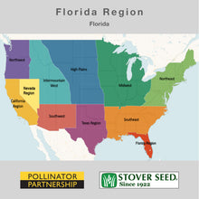 Load image into Gallery viewer, USA map showing the state where the Florida Native Pollinator Wildflower Mixture will grow, which is throughout the state of Florida.
