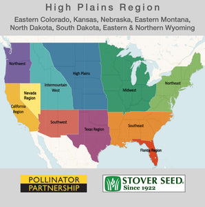 USA map showing the states where the High Plains Native Pollinator Wildflower Mixture will grow: Eastern Colorado, Kansas, Nebraska, Eastern Montana, North Dakota, South Dakota, and Eastern and Northern Wyoming.