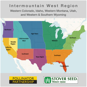 USA map showing the states where the Intermountain West Native Pollinator Wildflower Mixture will grow: Western Colorado, Idaho, Western Montana, Utah, and Western & Southern Wyoming.