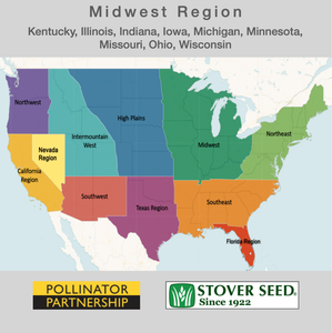USA map showing the states where the Midwest Native Pollinator Wildflower Mixture will grow: Kentucky, Illinois, Indiana, Iowa, Michigan, Minnesota, Missouri, Ohio, and Wisconsin.