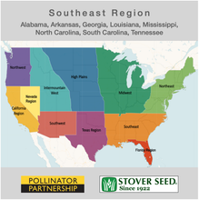 Load image into Gallery viewer, USA map showing the states where the Southeast Native Pollinator Wildflower Mixture will grow: Alabama, Arkansas, Georgia, Louisiana, Mississippi, North Carolina, South Carolina, and Tennessee.
