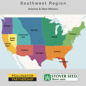 USA map showing the states where the Southwest Native Pollinator Wildflower Mixture will grow: Arizona and New Mexico.