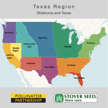 Load image into Gallery viewer, USA map showing the states where the Texas Region Native Pollinator Wildflower Mixture will grow: Oklahoma and Texas.
