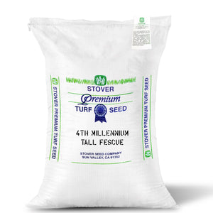 A bag of Stover's Premium turf seed variety "4th Millennium Tall Fescue" lawn seed.