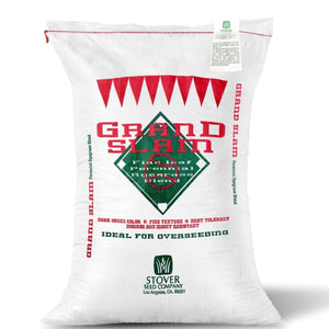Seed bag of Grand Slam Platinum Quality Perennial Ryegrass blend seed.