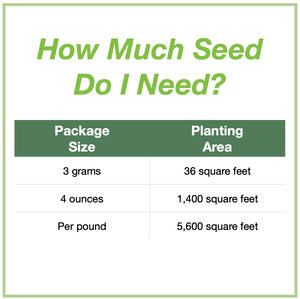 Chart showing seed sizes that are available and how large an area it will plant. 3 grams will plant 36 square feet, 4 ounces plants 1,400 square feet, and 1 pound plants 5,600 square feet.