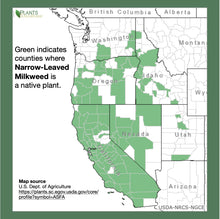Load image into Gallery viewer, Green counties on this map indicate where Narrow-Leaved Milkweed (Asclepias fascicularis) is a native plant.
