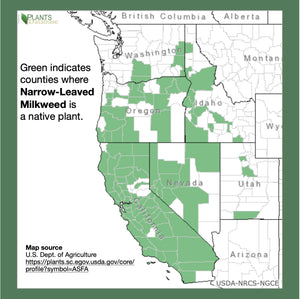 Green counties on this map indicate where Narrow-Leaved Milkweed (Asclepias fascicularis) is a native plant.